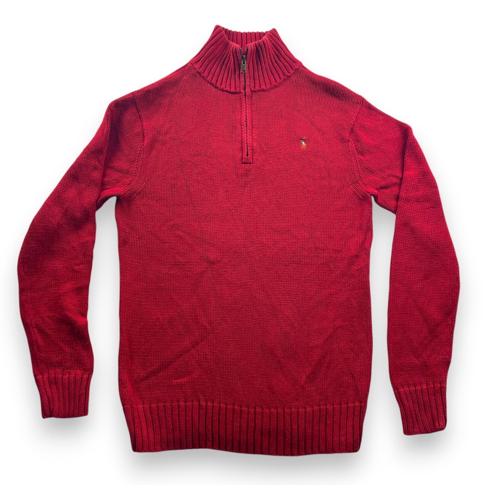 Polo Ralph Lauren Red Quarter Zip Cotton Knit Sweater Size L 16/18 Mock Neck